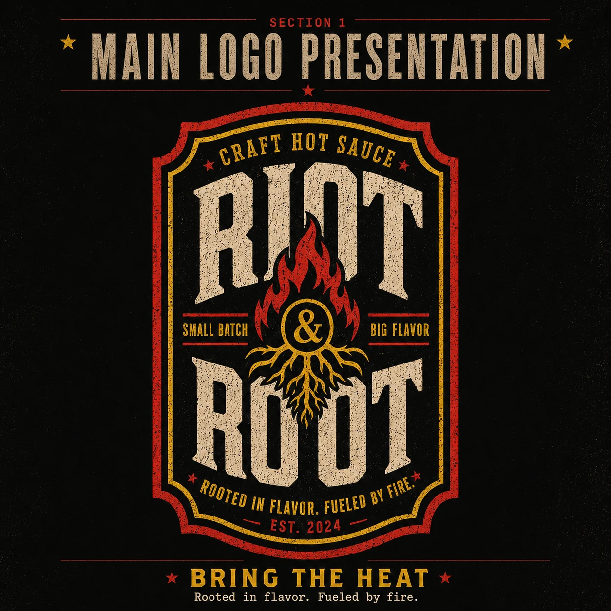 Riot & Root primary logo — ornate vintage badge with flame-and-root icon