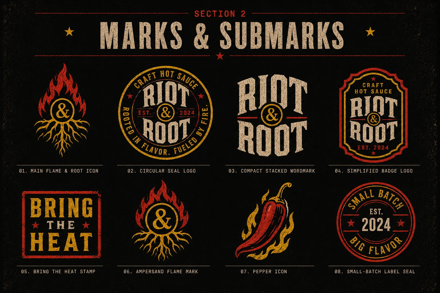 Riot & Root marks and submarks — circular seal, stacked wordmark, badge, stamp and pepper icon