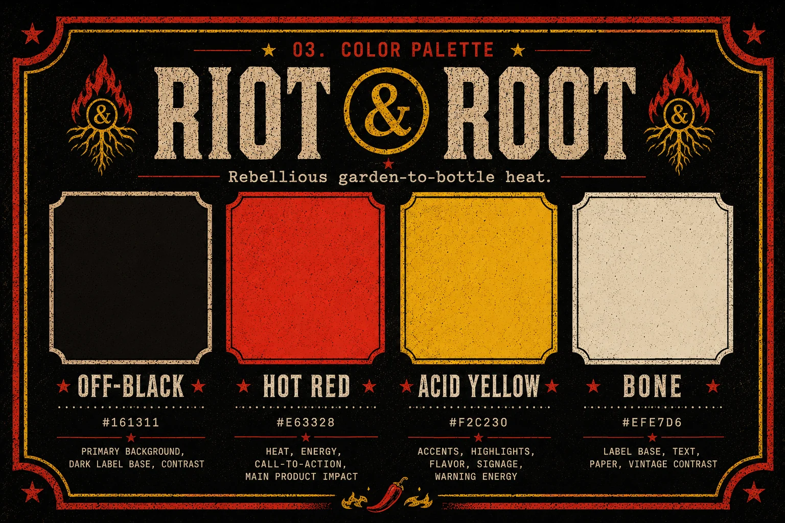 Riot & Root colour palette — off-black, hot red, acid yellow and bone