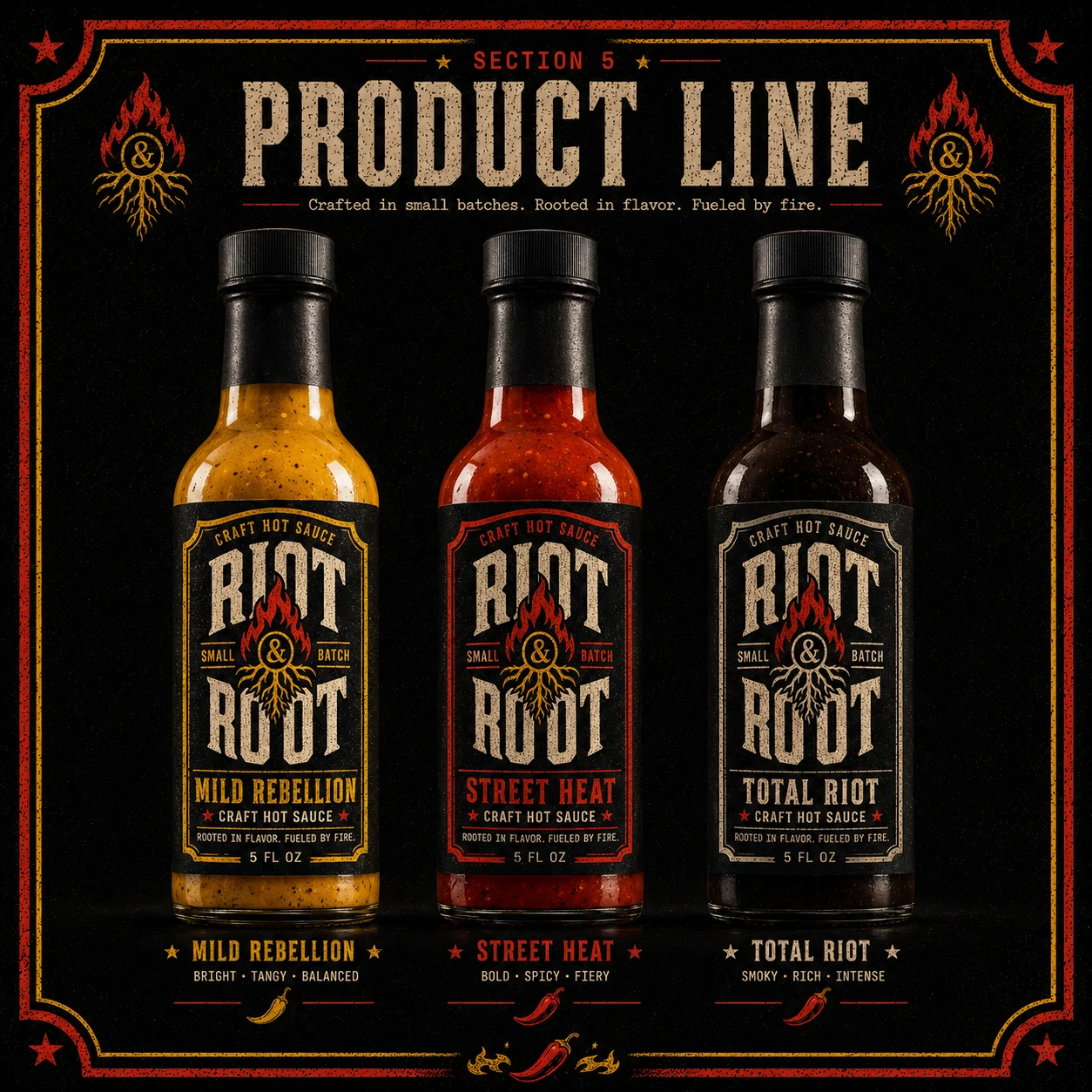 Riot & Root product line — Mild Rebellion, Street Heat and Total Riot craft hot sauce bottles