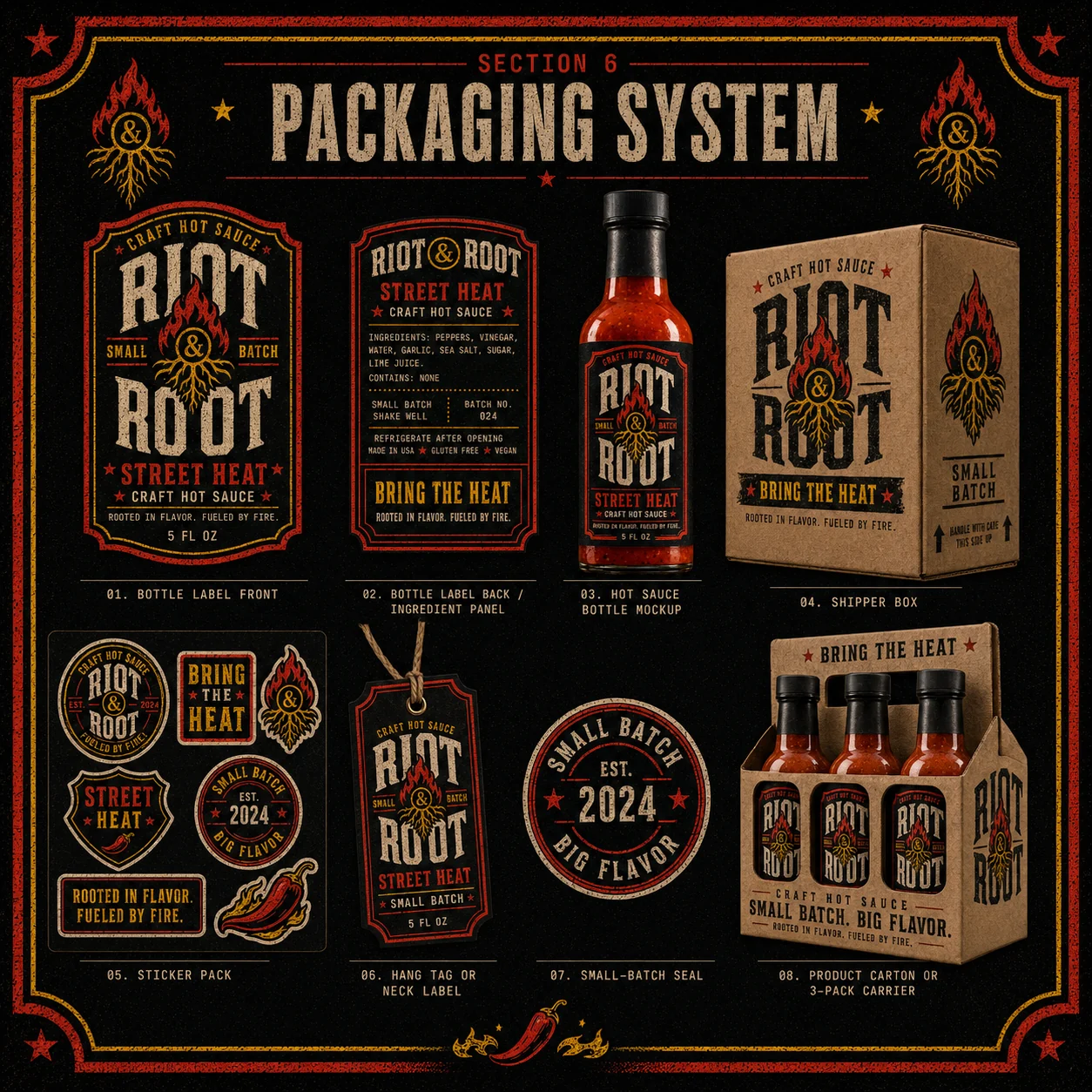Riot & Root packaging system — bottle labels, shipper box, hang tags, seals and 3-pack carrier