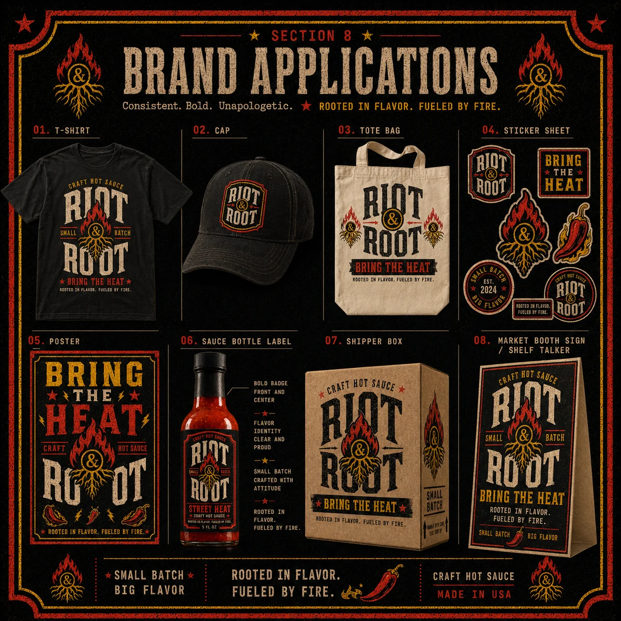 Riot & Root brand applications — t-shirt, cap, tote, stickers, poster, shipper box and market booth sign