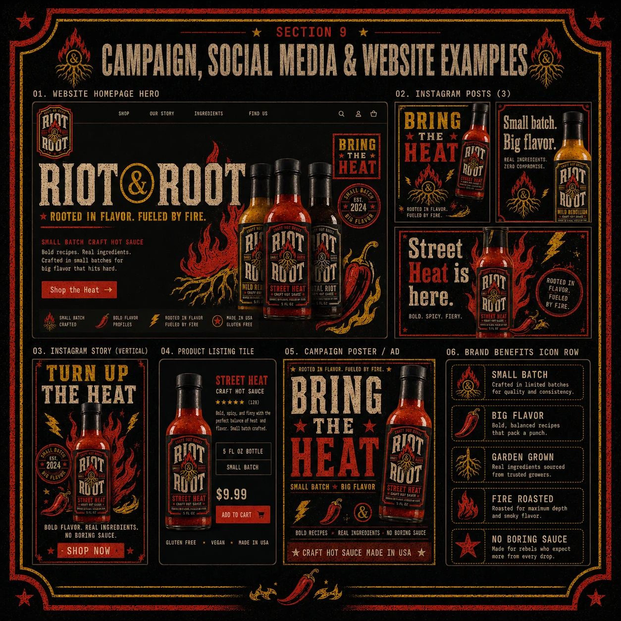 Riot & Root campaign, social media and website examples — homepage hero, Instagram posts and product listing