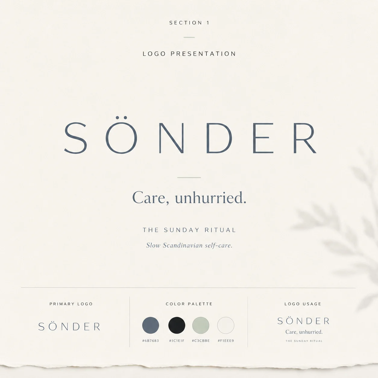 Sönder logo presentation — light wide-tracked wordmark with the tagline Care, unhurried