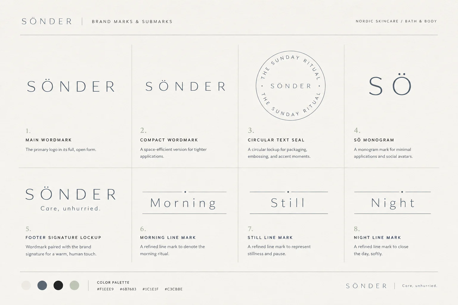 Sönder marks and submarks — compact wordmark, circular seal, SÖ monogram and ritual line marks