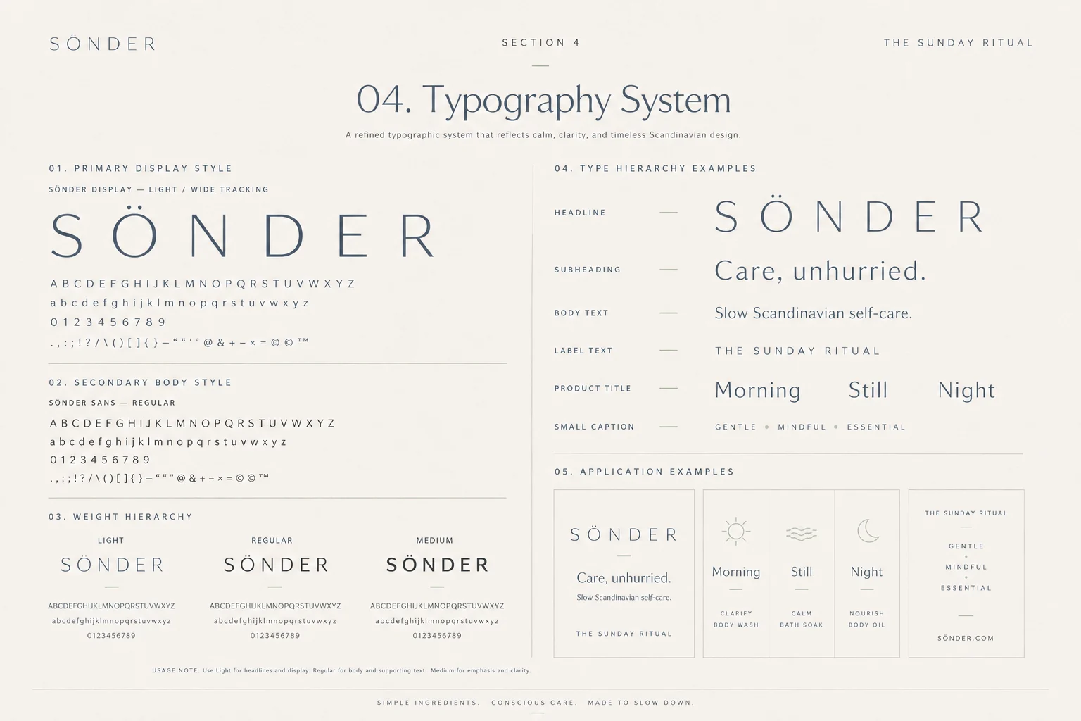 Sönder typography system — light wide-tracked display with weight hierarchy and application examples