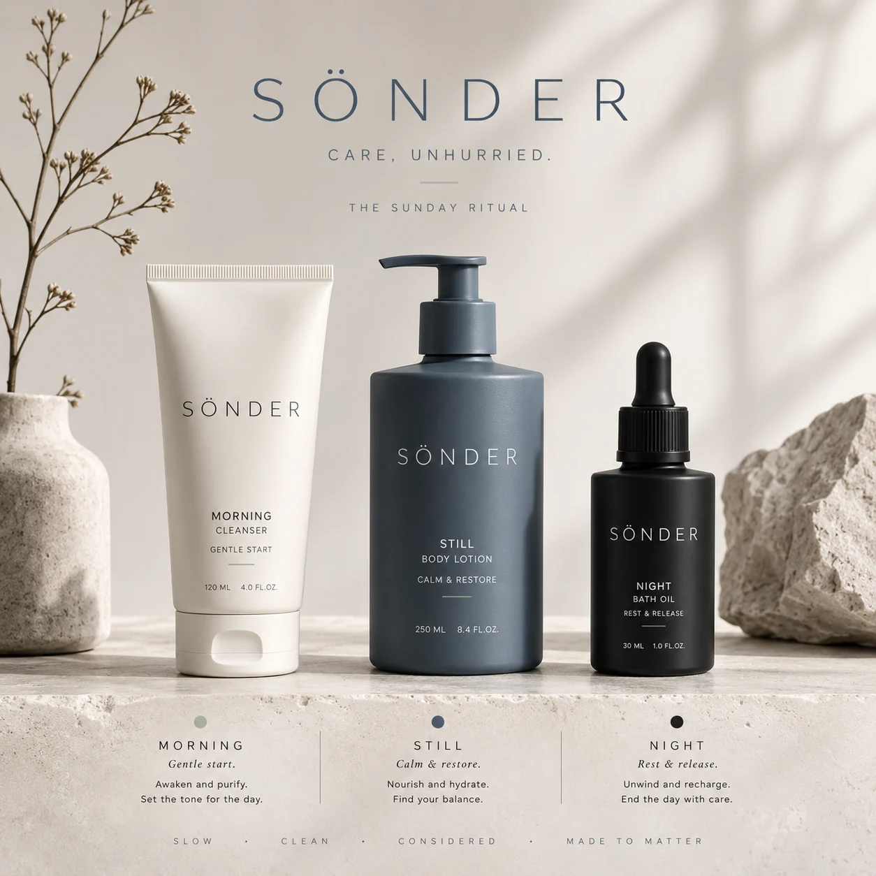 Sönder product line — Morning cleanser, Still body lotion and Night bath oil