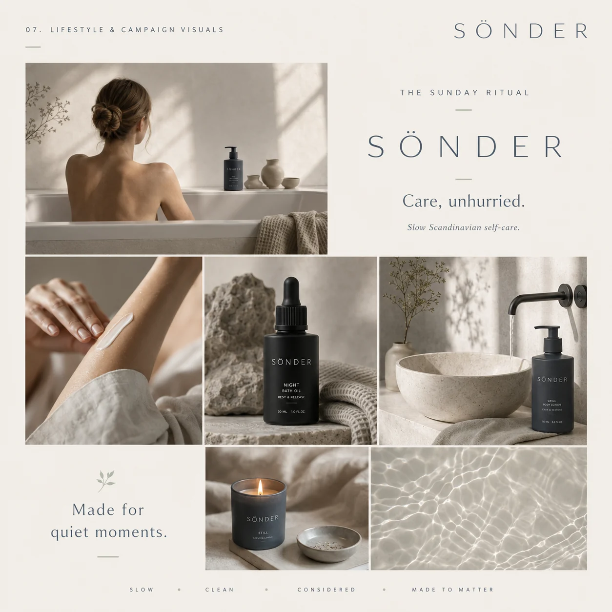 Sönder lifestyle and campaign visuals — bathing, skincare textures, candle and water
