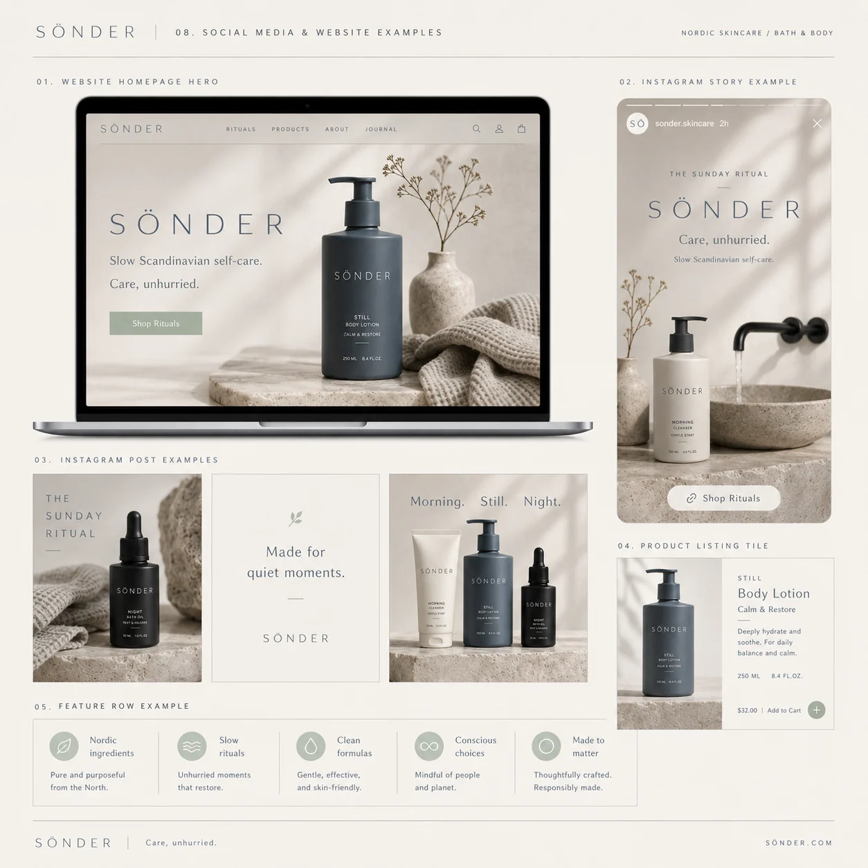Sönder website and social media — homepage hero, Instagram story, product listing and feature row