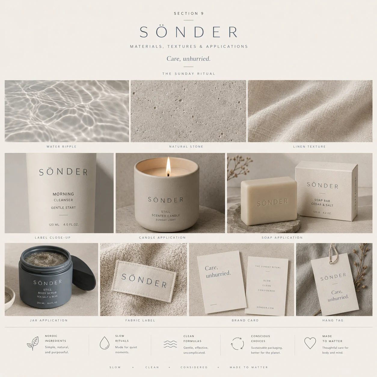 Sönder materials and textures — water ripple, natural stone, linen, candle, soap, fabric label and hang tag